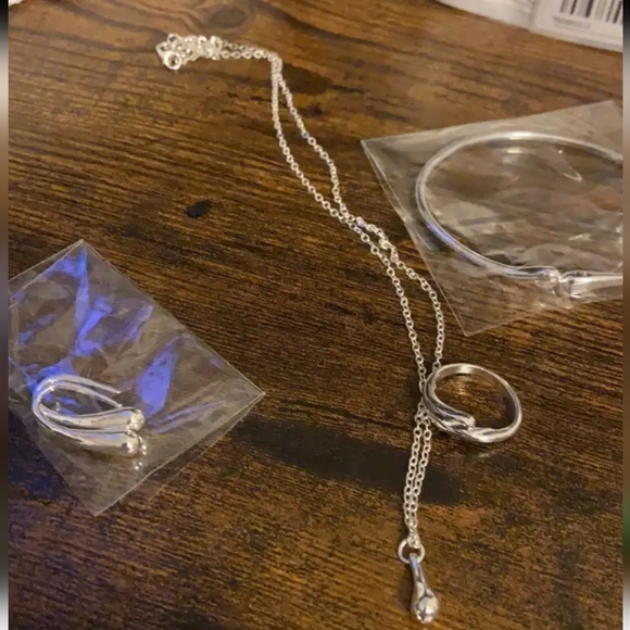 .925 stamped plated teardrop necklace bracelet earrings adjustable ring set - Picture 6 of 9